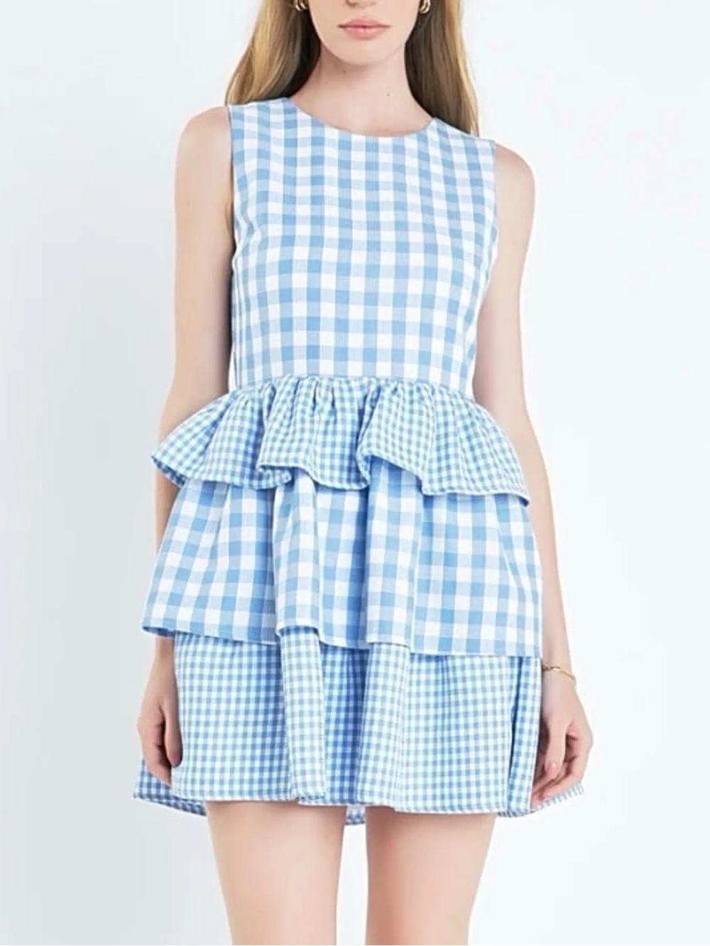 English Factory Light Blue Gingham Tiered Peplum Mini Dress Size M